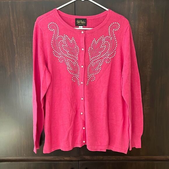 NWT Bob Mackie Scroll Design Pink Pearl Embellished Cardigan Large - Picture 2 of 6